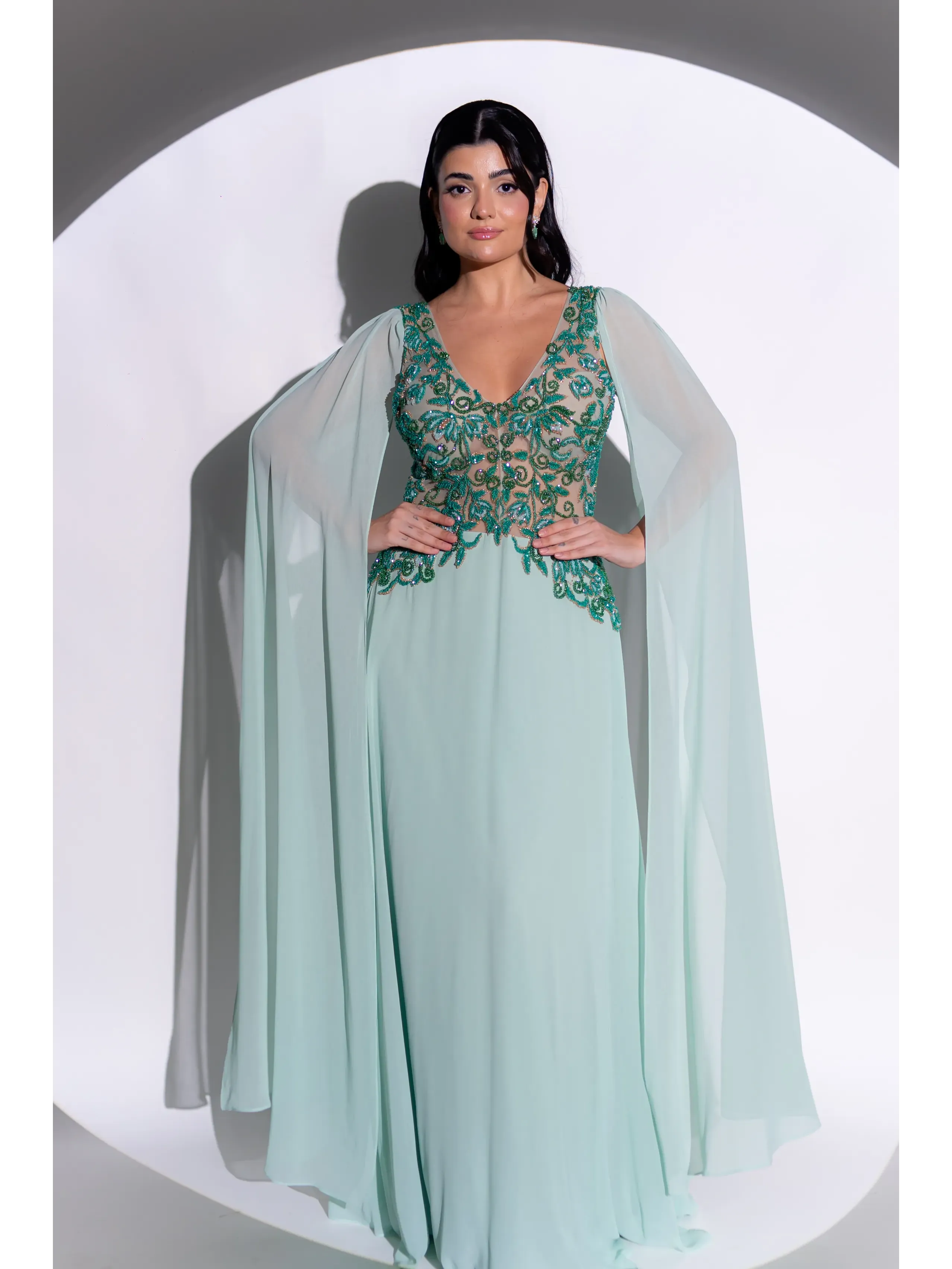 longo verde tiffany manga capa busto bordado em arabesco e decote V ASDSP98.2.webp
